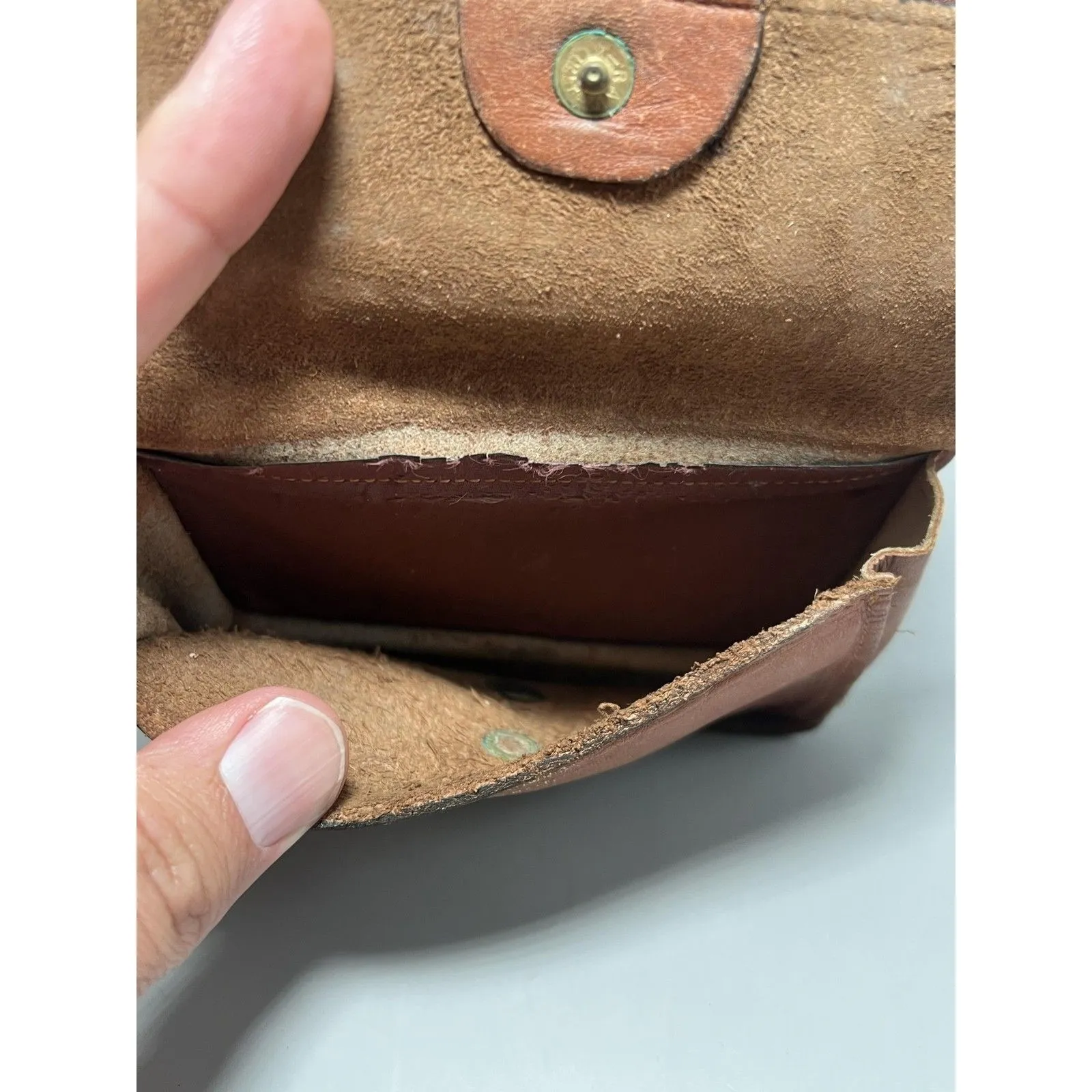 Vintage Tooled Leather Makeup Purse Bag Mirror Top Grain Cowhide Made in Haiti Brown - Image 5