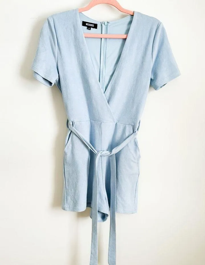 Missguided light pastel blue Plunge Deep V neck Faux Suede Romper - Image 7