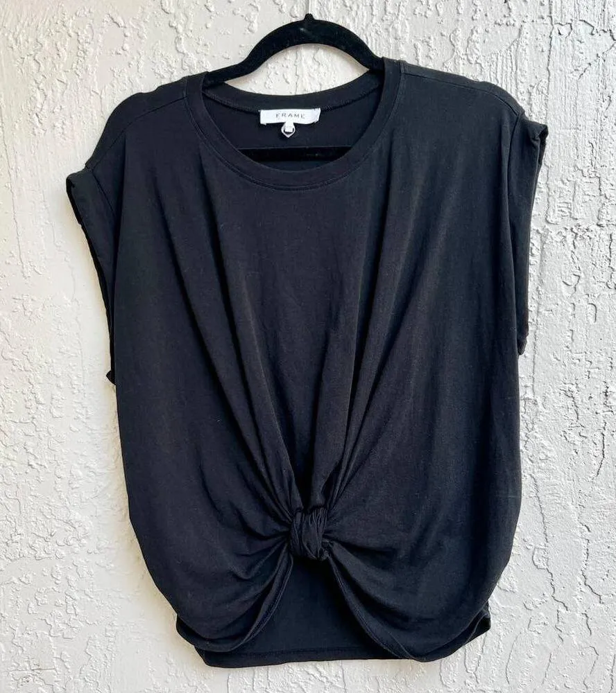 Frame Roll Sleeve 100% Cotton Knotted Front Pullover Tee Shirt Black Women's M - Image 2