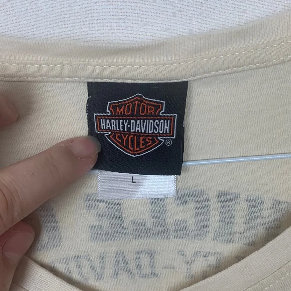 Harley Davidson womens large long sleeve v neck shirt bling gems tan offwhite Silver - Image 2