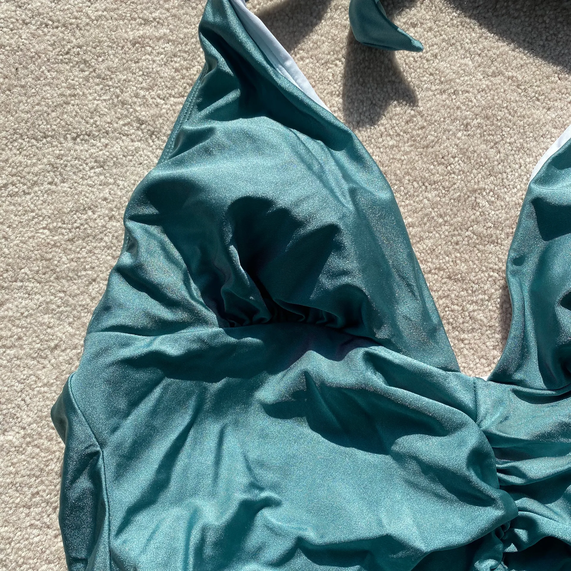 NWT  Metallic Blue Green Sexy Ruched One piece Halter Tummy Swimsuit - Image 4