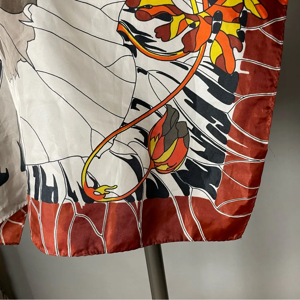 Floral Scarf Orange Gray Artsy Silky Flower Design Square 25.5" x 26" Funky Bold - Image 2