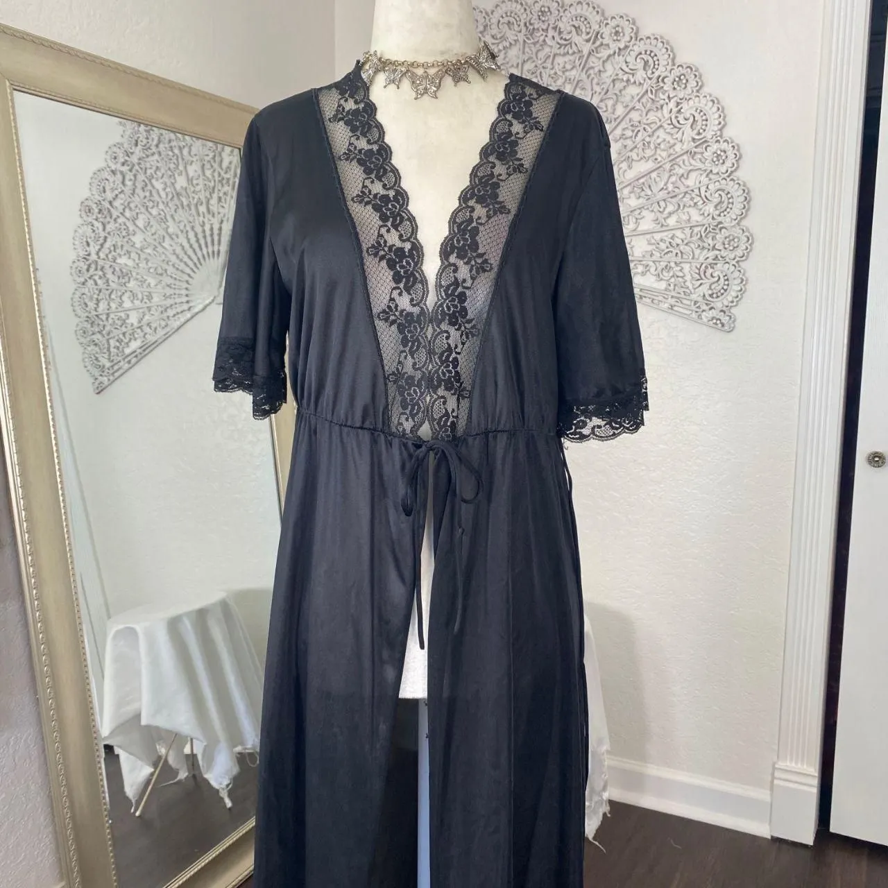 Vintage Glencraft Lingerie 1960 Union Made USA Black Lace Front Tie Duster L Size L - Image 3