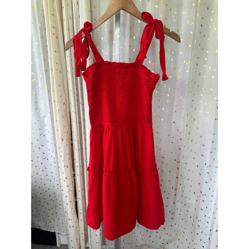 Zesica NWT Smocked Self Tie Straps Ruffle Trim Tiered Swing Mini Dress S Red - Image 2