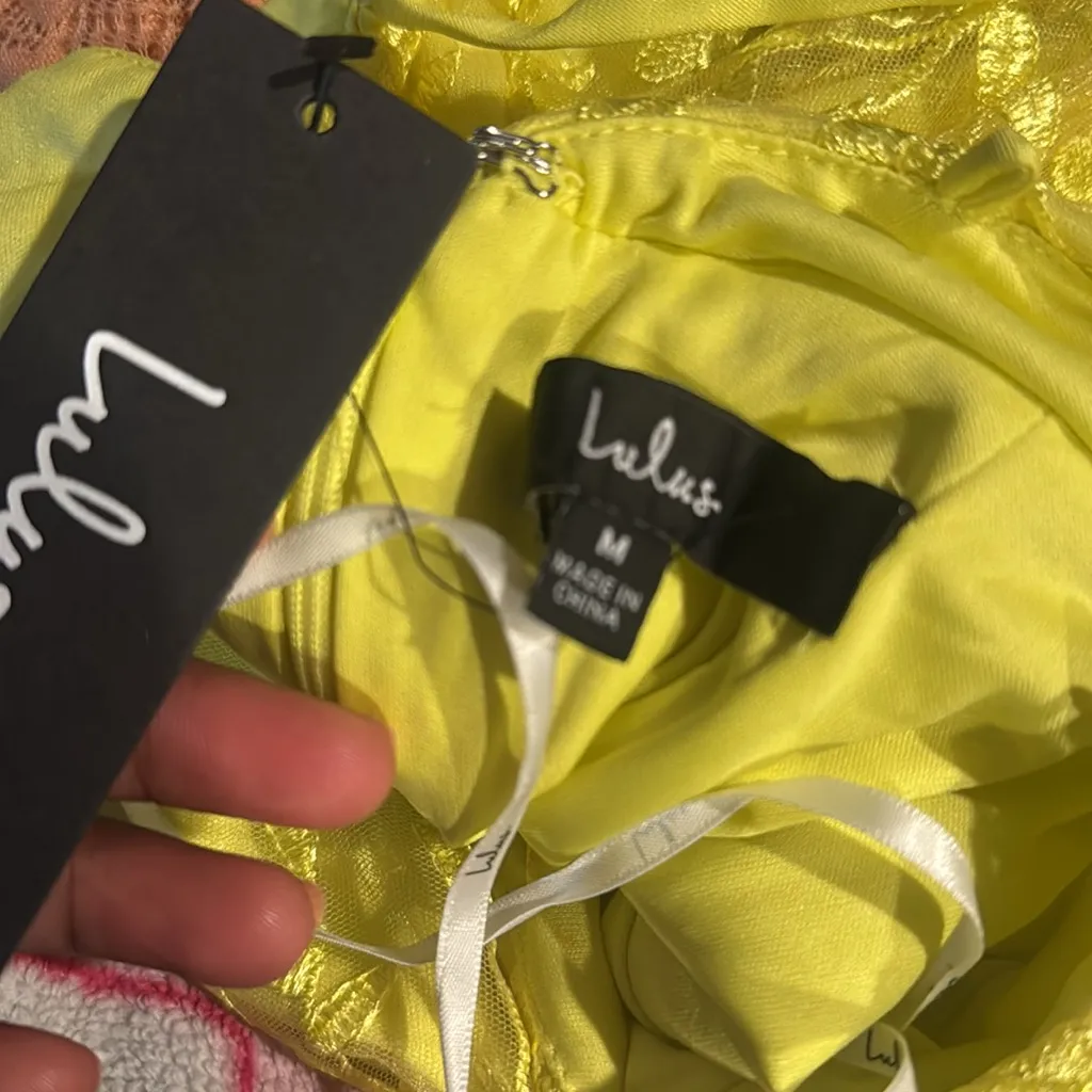 Lulus Lively Sweetheart Yellow Mesh Embroidered Lace-Up Mini Dress SIZE M - Image 9
