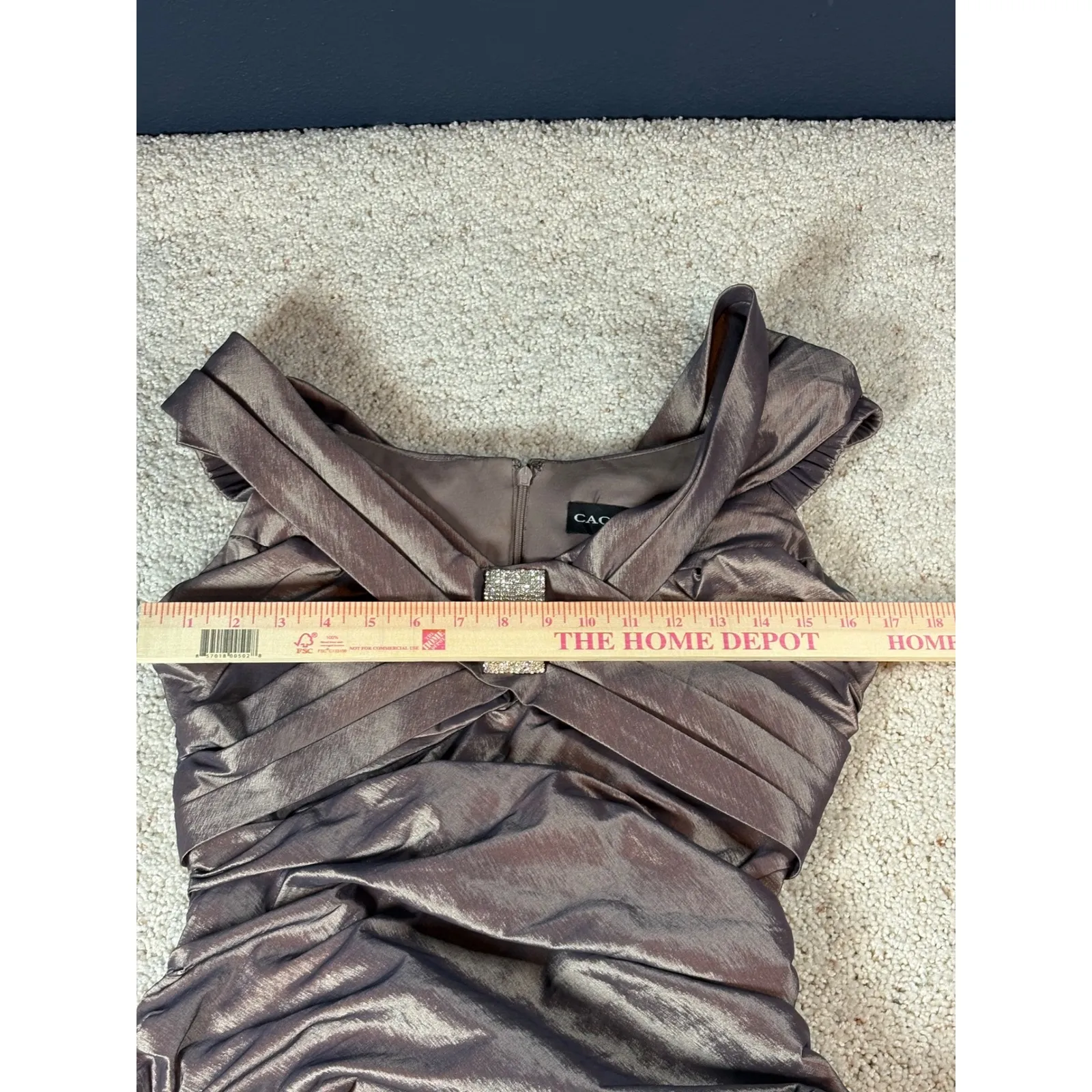 Cachet Women Bronze Metallic Ruched Cocktail Dress Rhinestone Embellished Size 4 Tan - Image 7