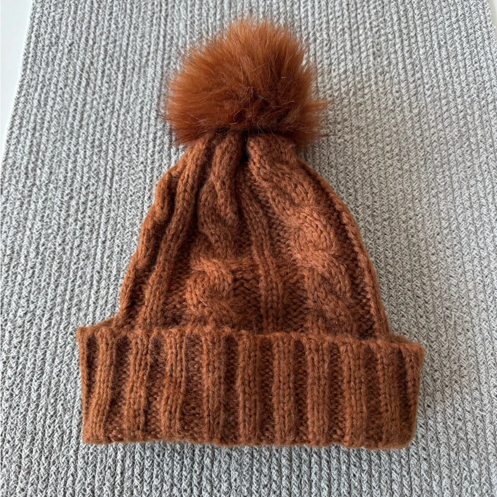 Cognac Brown Cable Knit Winter Hat with Faux Fur Pom Pom - Image 5