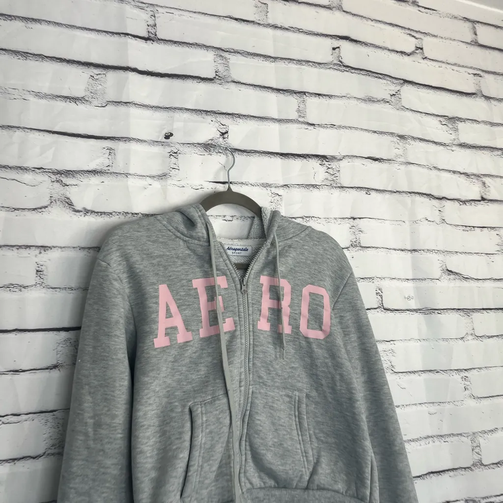 Aeropostale Sport Hoodie Women’s M Gray Sherpa Lined Zip Up Sweatshirt Pink Logo - Image 4