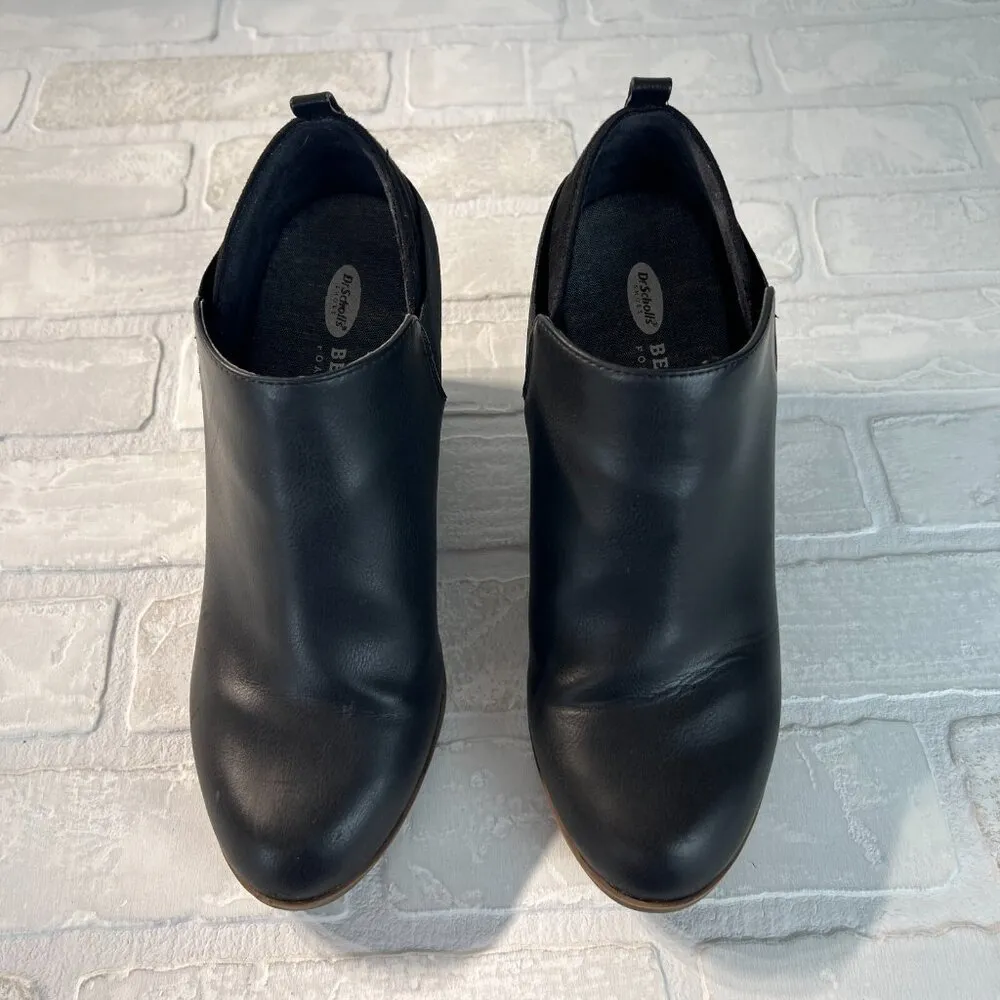 Dr Scholls Ankle Boots 9 Black Leather Wood Wedge Parler Booties Slip On Comfort - Image 8