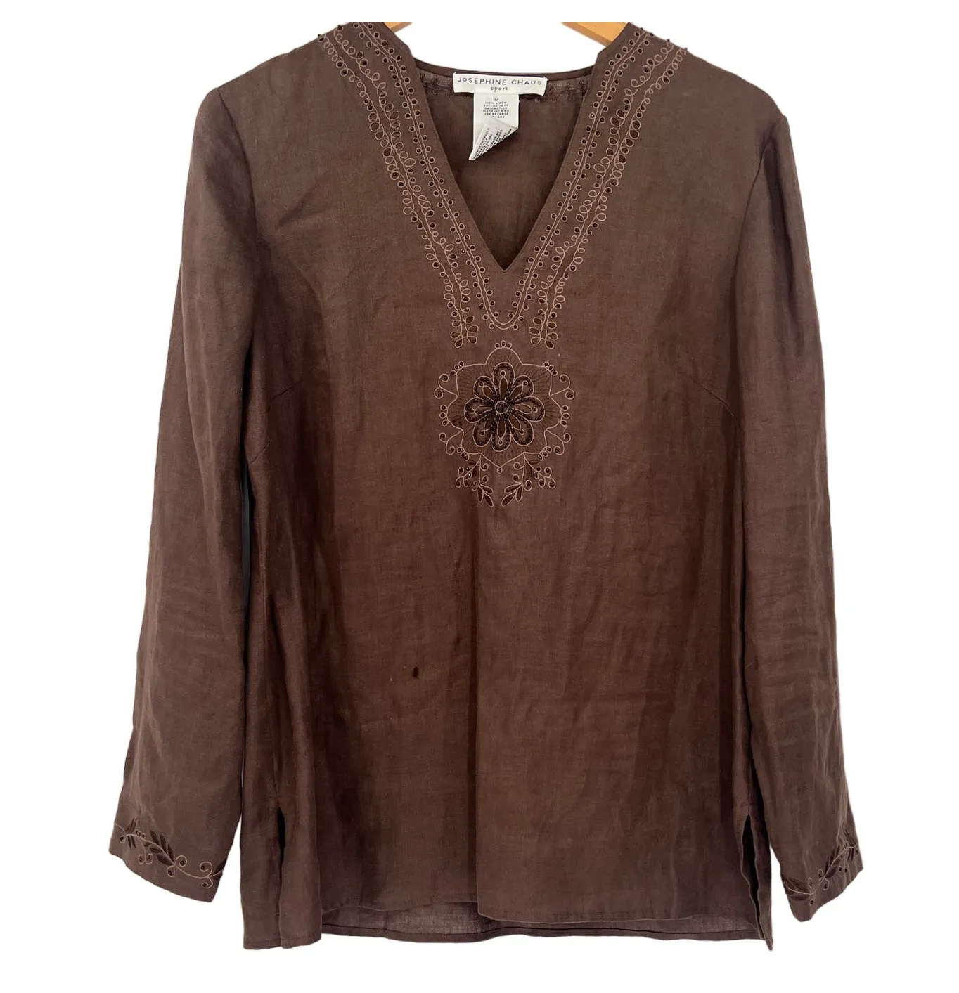Josephine Chaus | M | 100% Linen Embroidered Beading V-Neck Cover-Up Tunic Top - Image 1
