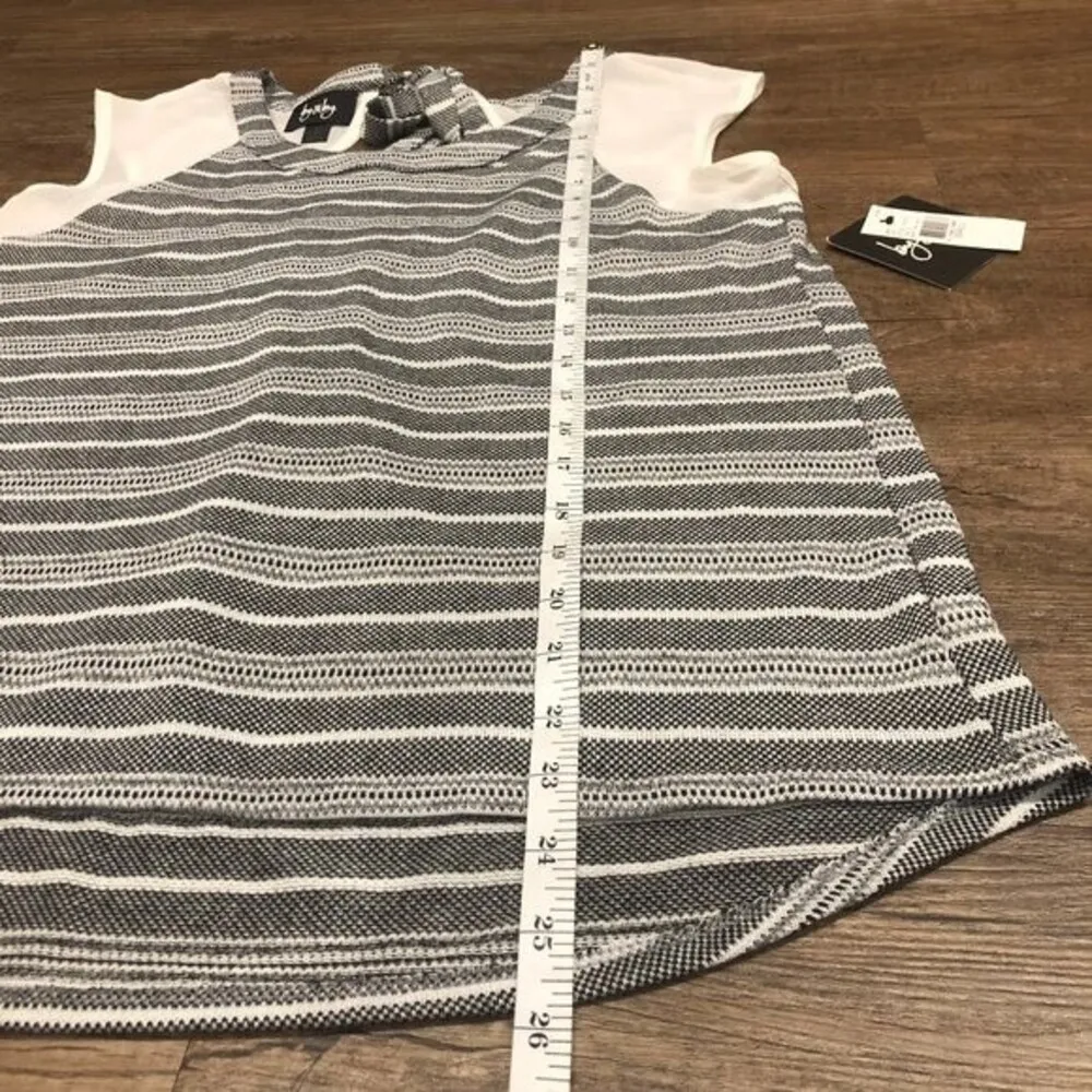 By & By Crew Neck Knit Blouse Sheer Cap Sleeves S SM Small Black White Grey Tie - Image 10