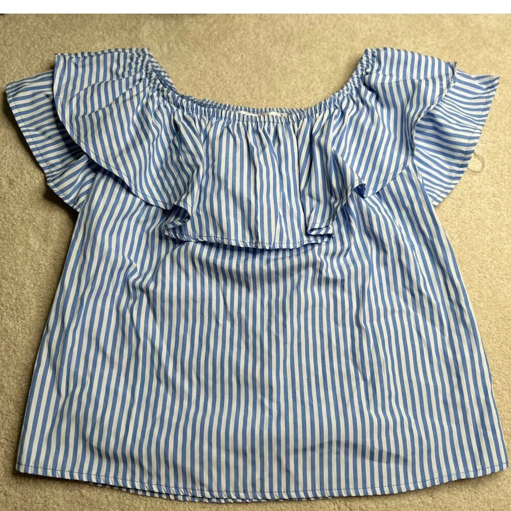 Potters Pot: Blue and White Striped Off Shoulder Blouse - Image 4