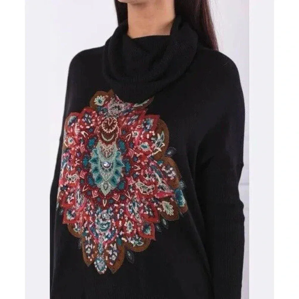 Desigual Casandra Jumper Sequin Paisley Knit Funnel Turtleneck Sweater Black L - Image 5