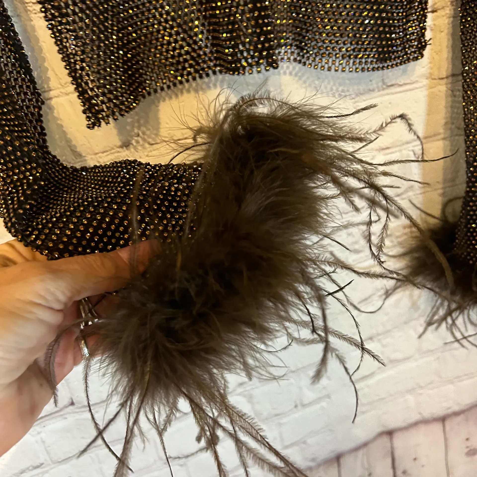 Dark brown & bronze mesh top with feather cuffs, M Size M - Image 2