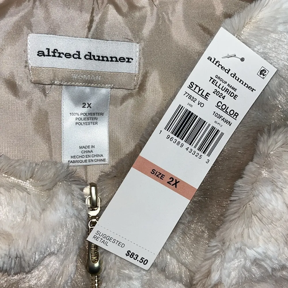 Alfred Dunner Woman NWT Size 2X White & Tan Zip Front Faux Fur Vest Jacket - Image 4