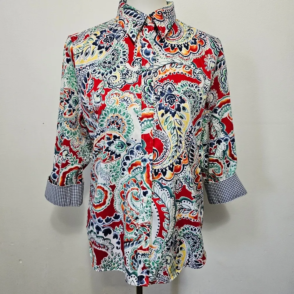 Chaps Red & Blue Paisley No Iron Button Down Size Large - Image 2
