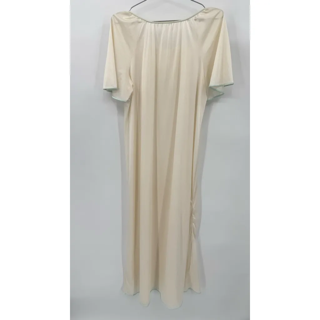 Vintage 80s Nightgown Cream Satin Quilted Embroidered Flowers Made in the USA Green Size M - Image 3