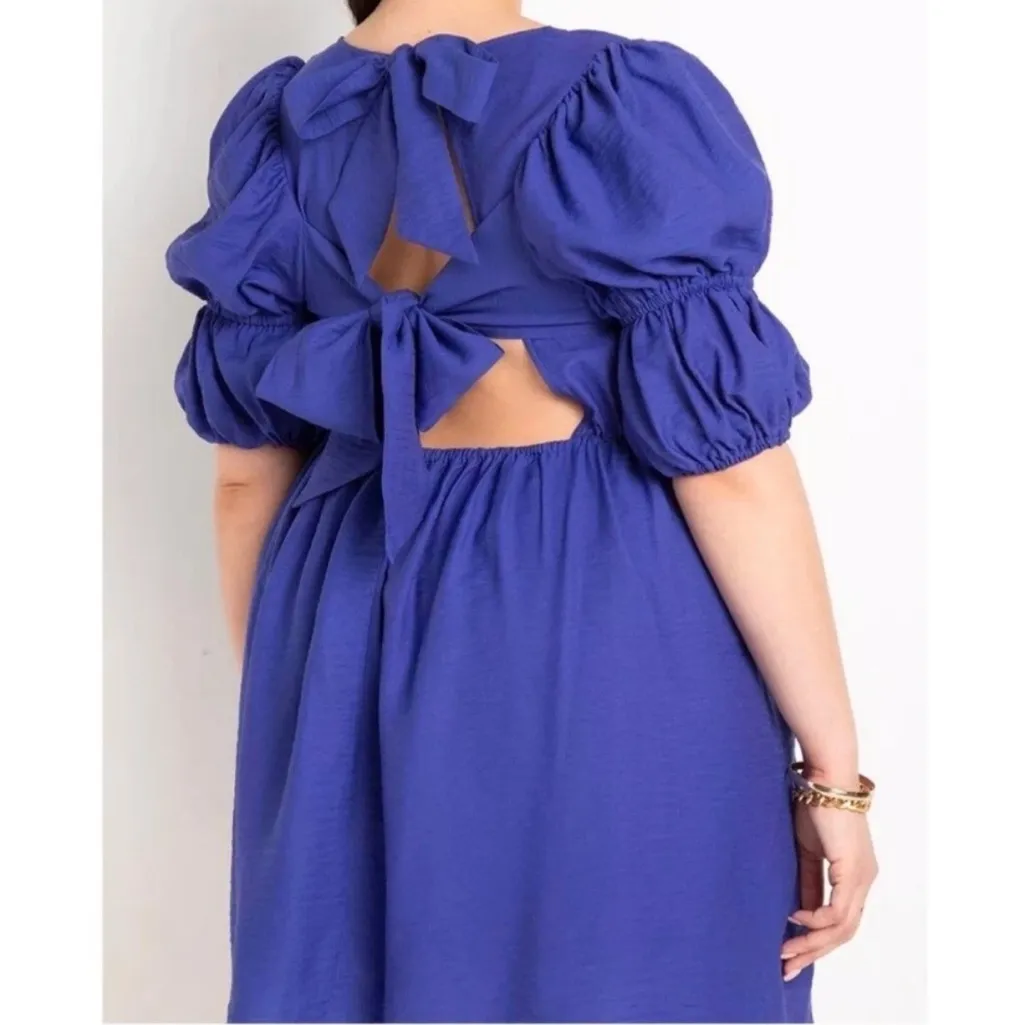 ELOQUII Blue Purple Tie Back Babydoll Mini Dress Cutout Puff Sleeve Size‎ 18 20 - Image 3