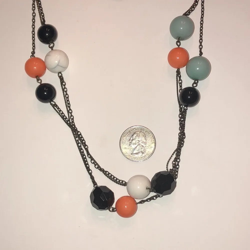 Gunmetal Gray Dark Metal Orange White Blue Beaded Ball Chain Boho Necklace - Image 3