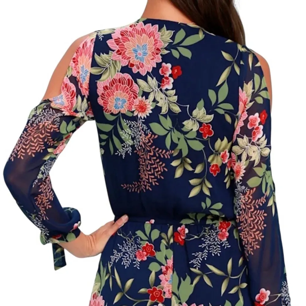 Lulus Run Away With Me Navy Blue Floral Print Long Sleeve Romper - Image 3
