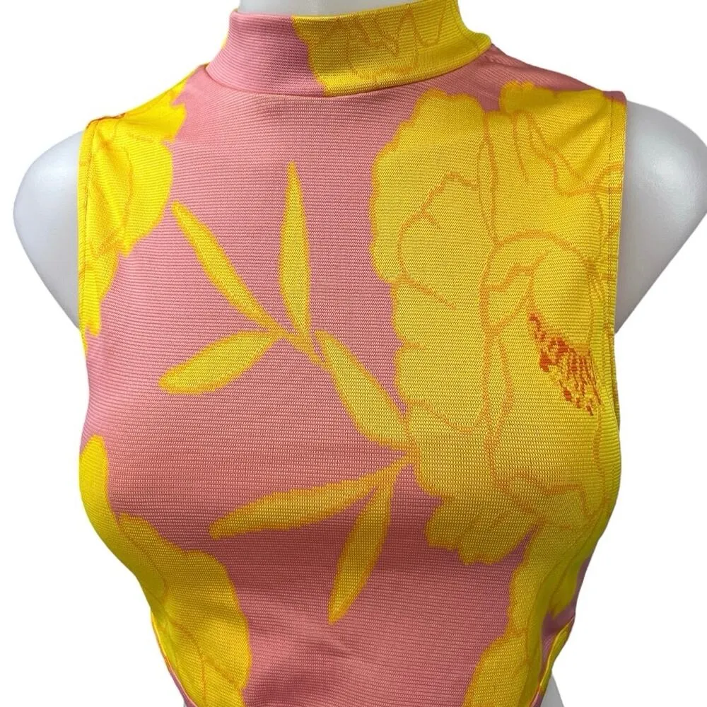 Zara Women's Pink Yellow Floral Print High Neck Sleeveless Crop Tank Top Size S - Image 3
