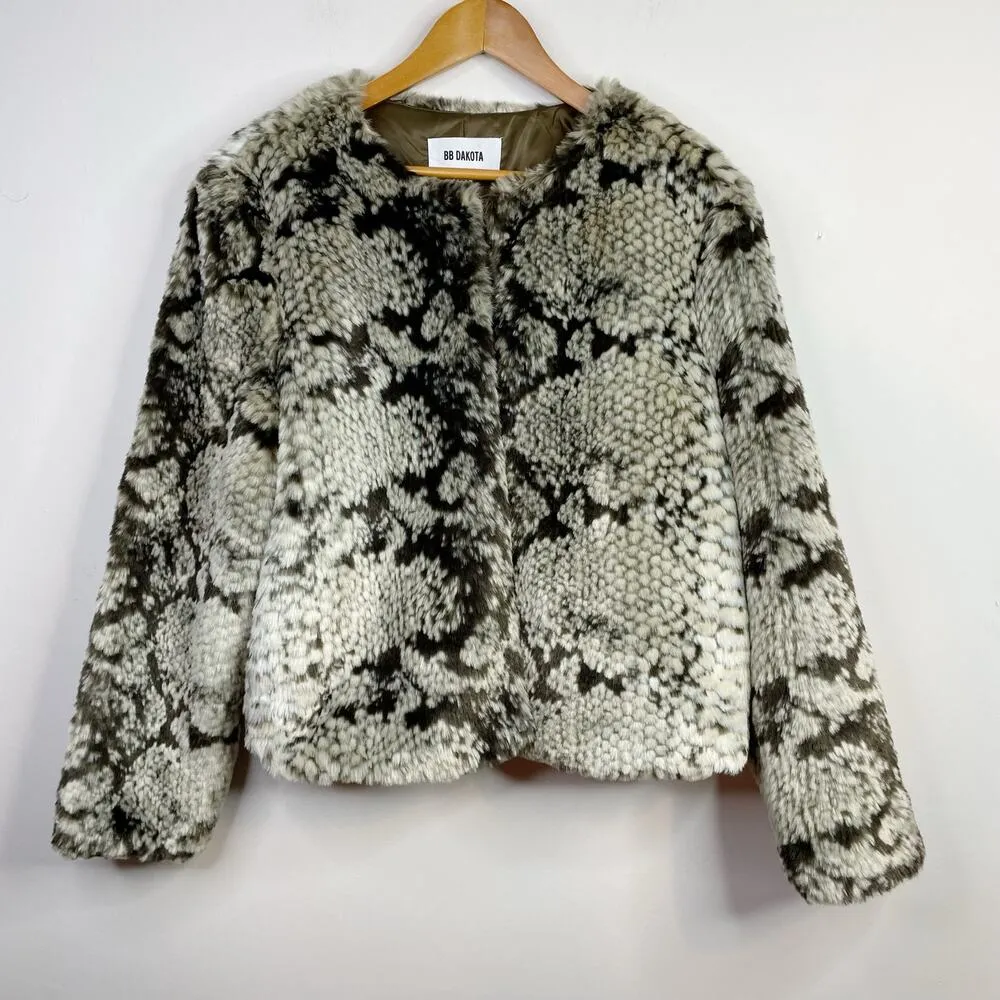 Snake Python Mobwife Faux Fur Vegan Short Jacket Coat Taupe Womens XL - Image 2