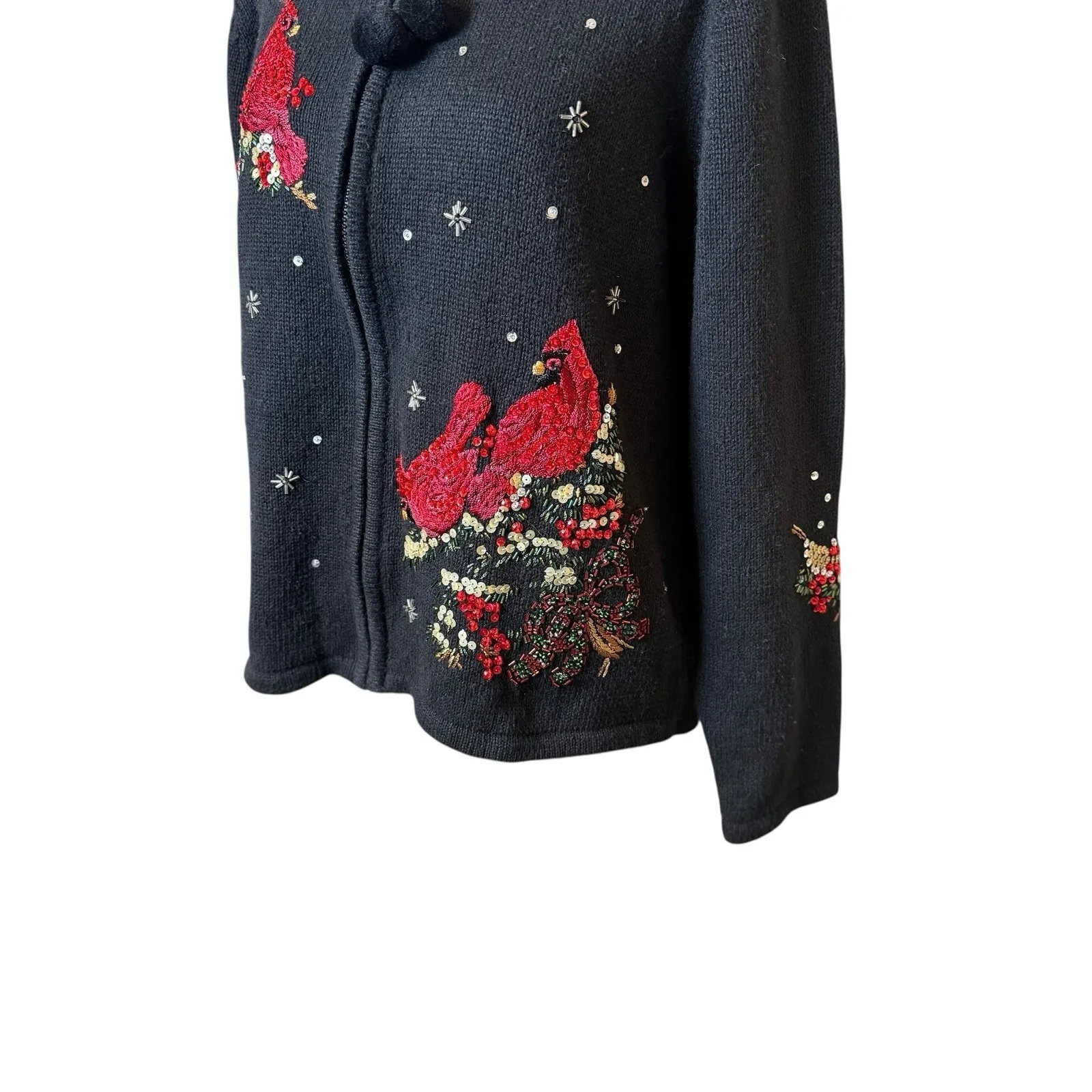 Carly St Claire Cardinal Sweater Red Birds Medium Sequins Beads Faux Fur Collar Black - Image 5