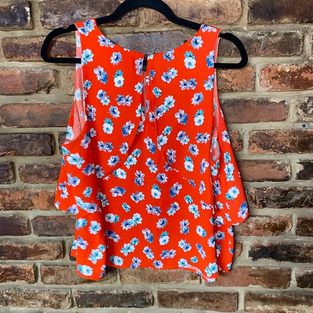 Xhilaration Orange Floral Tiered Peek-A-Boo Keyhole Sleeveless Top Women's Large - Image 6