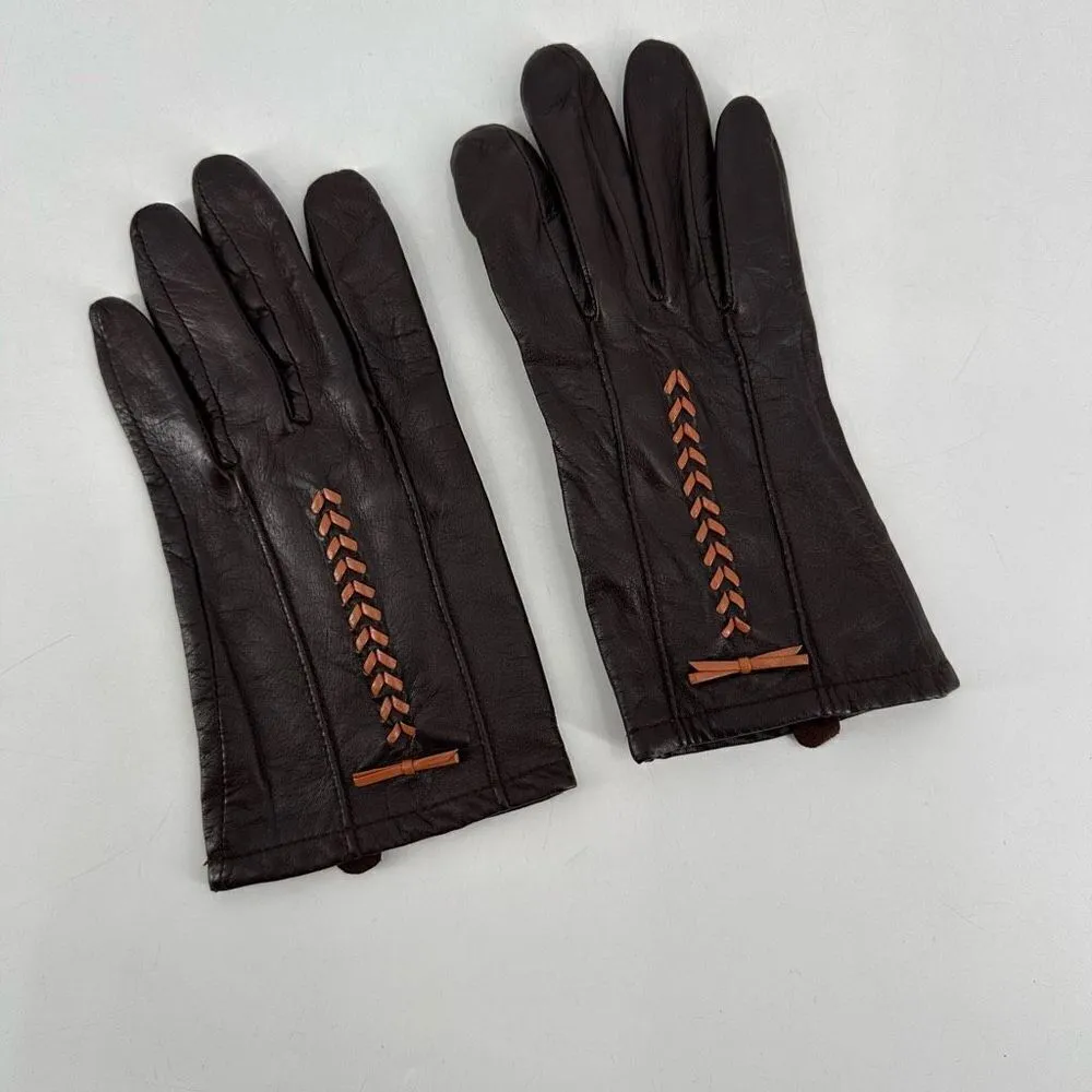 Vintage Leather Brown & Tan laced driving gloves lightly insulated small medium - Image 4
