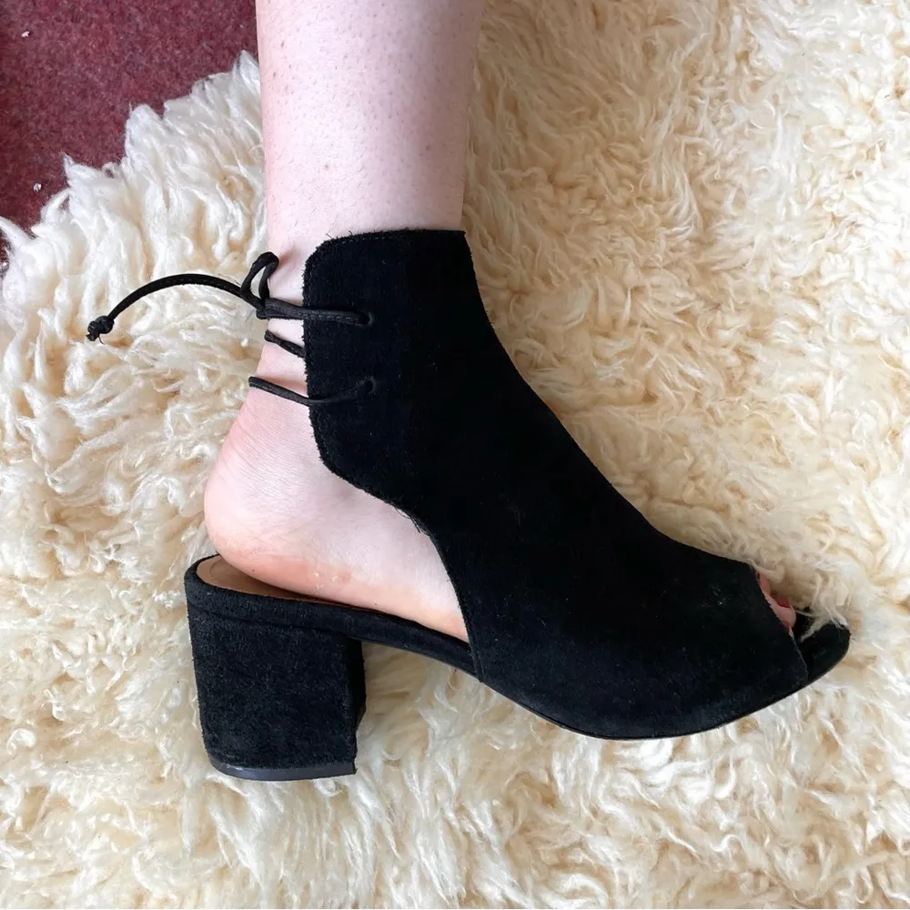 Schutz Binalia Wood block Heels Open peep toe booties tie back black suede - Image 5