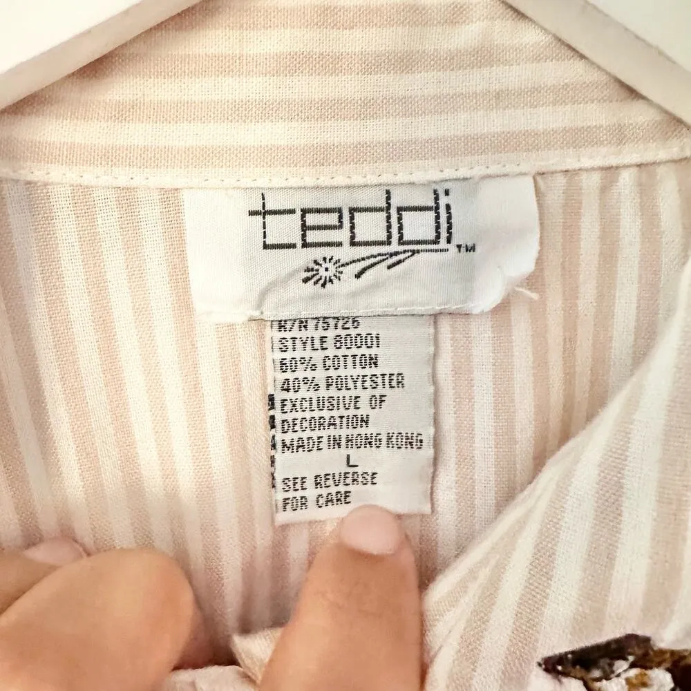 Teddi Vintage Beige White Seersucker Stripe Buttondown Embroidered Cats Large - Image 8