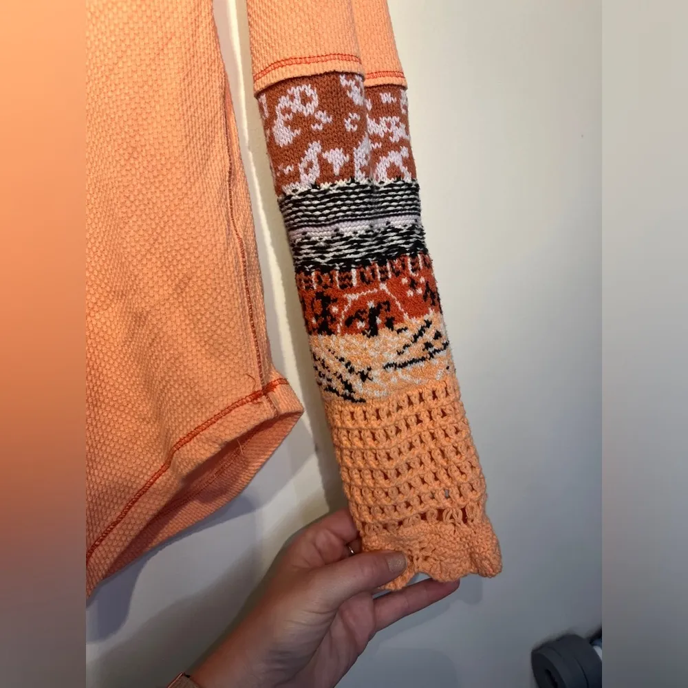 Free People In The Mix Thermal Cuff Tee Rio Orange Long Sleeve Boho Top L - Image 10