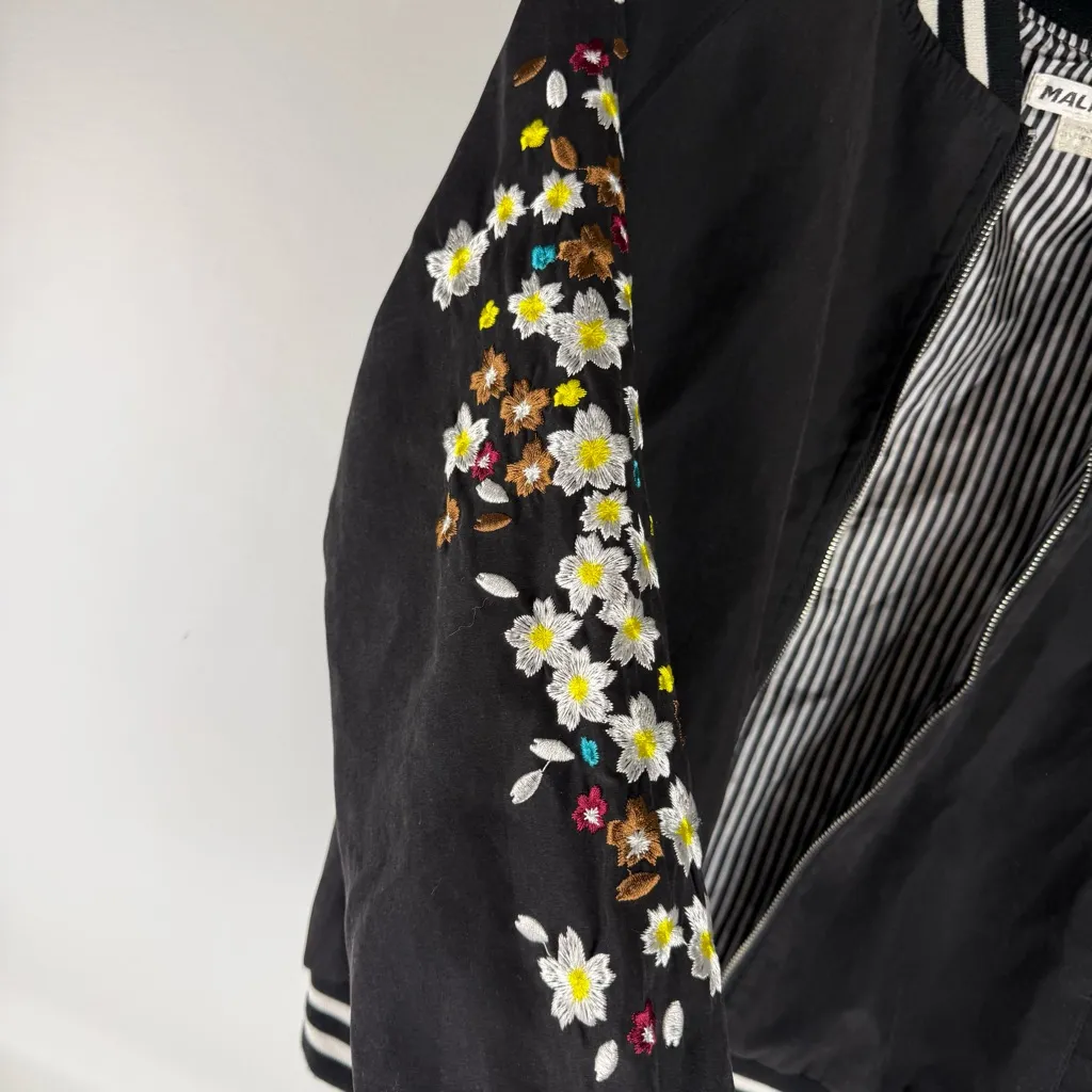Floral Embroidered Black Bomber Jacket Size XS - Image 2