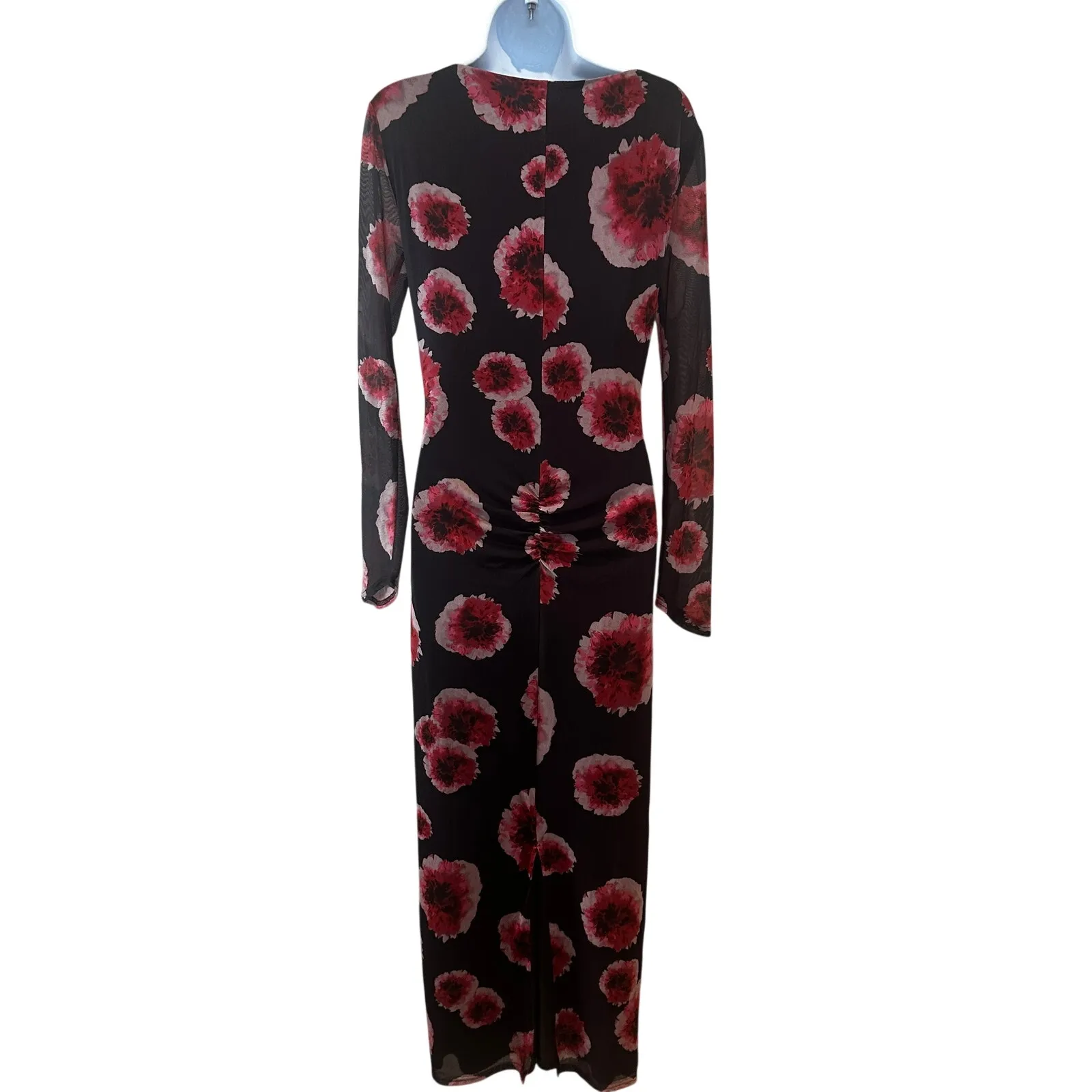 Suboo Black Floral Mesh Midi Dress LARGE Ruched Bodycon Cocktail Party Work $280 - Image 11