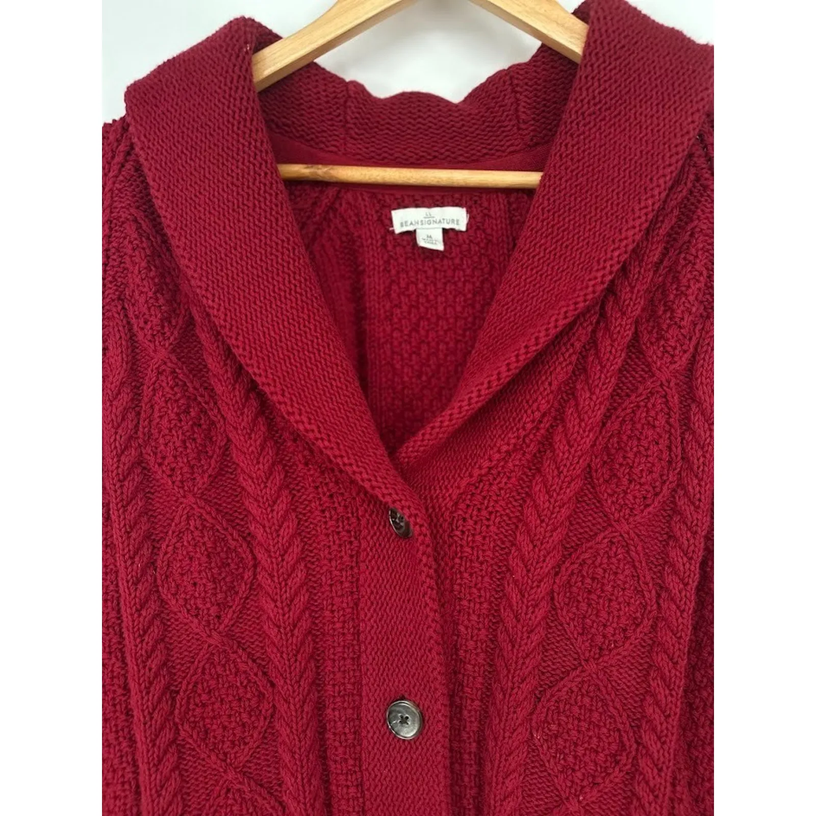 LL Bean Signature Chunky Knit Fisherman Shawl Collar Cardigan Sweater Medium Red - Image 3