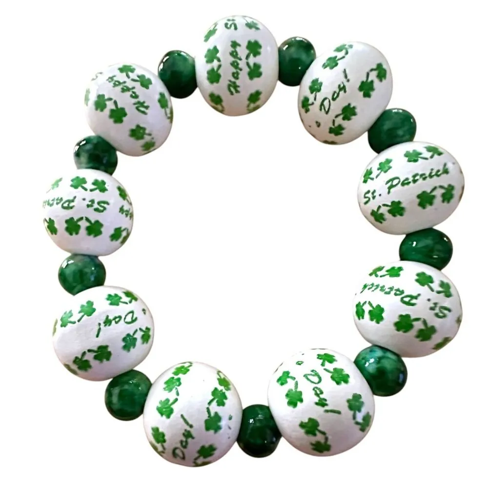 Happy St Patricks Day Shamrock Wood Beaded Stretch Bracelet Marbled Acce… Green - Image 9