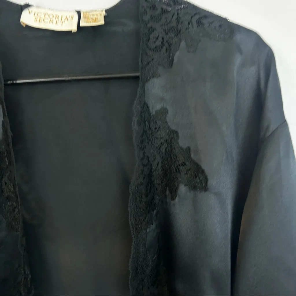 Vintage Victoria Secret Black Satin lace Gold Label Robe One Size - Image 4