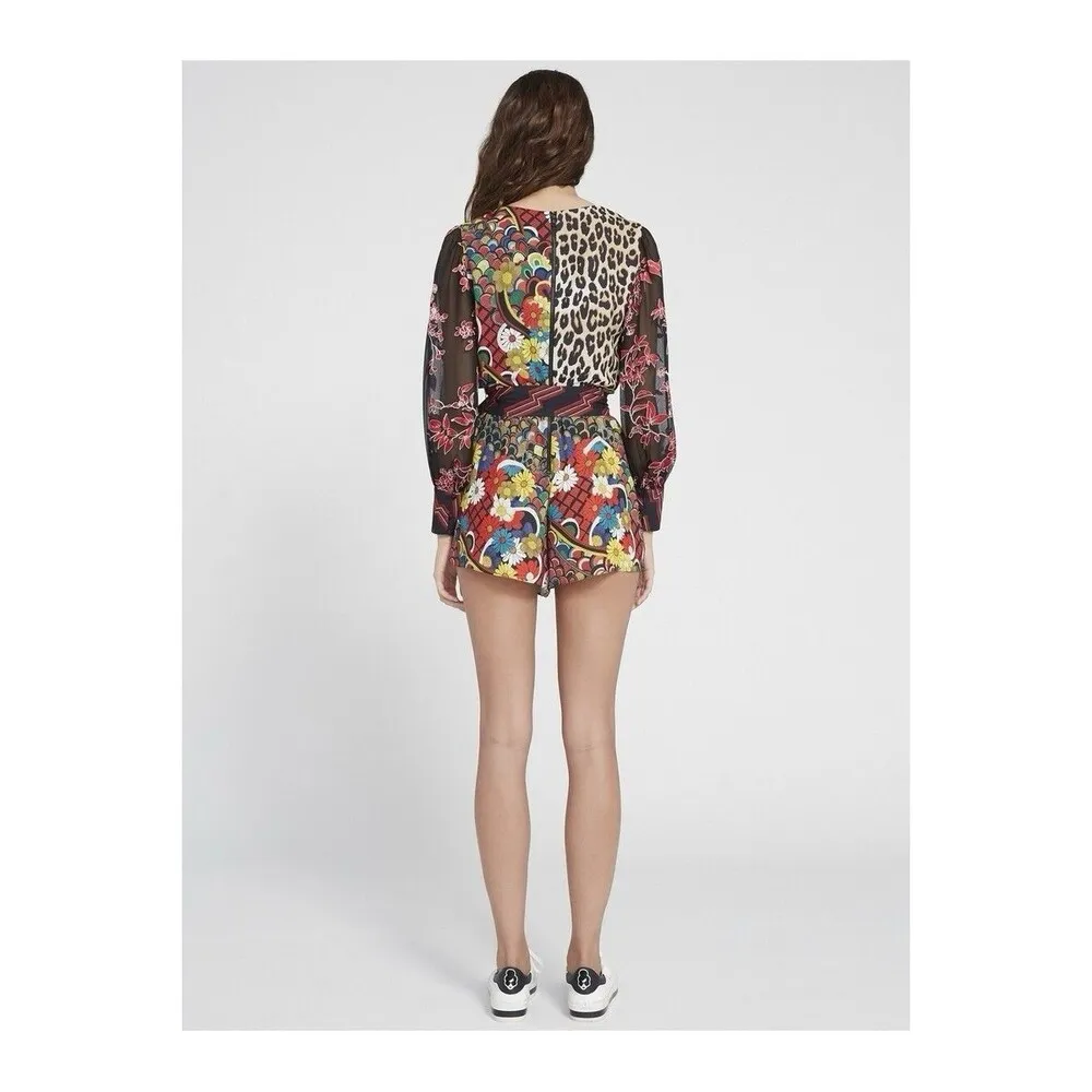 Alice + Olivia Nelia Wide Sleeve Romper Multicolor Patchwork Print Floral Size 2 - Image 7