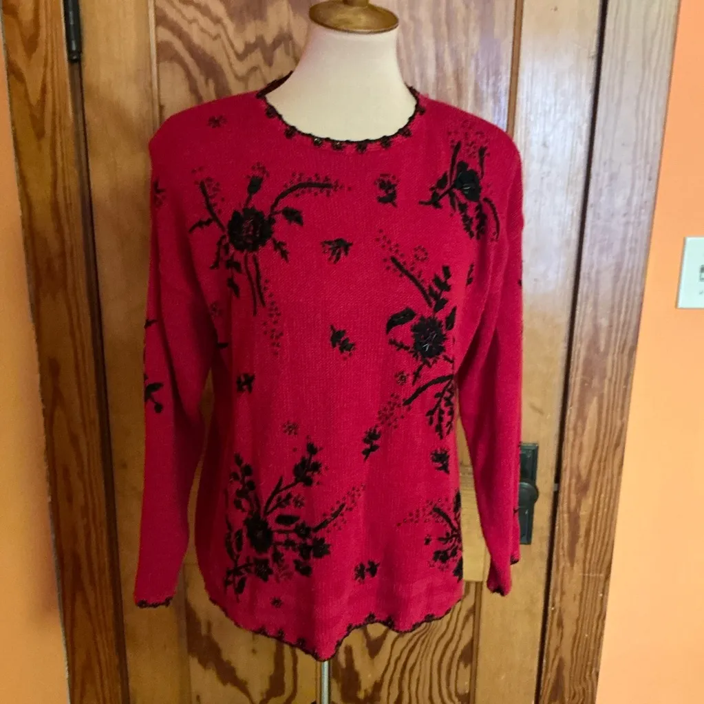 Vtg Y2K embroidered n beaded sweater Red Size L - Image 9