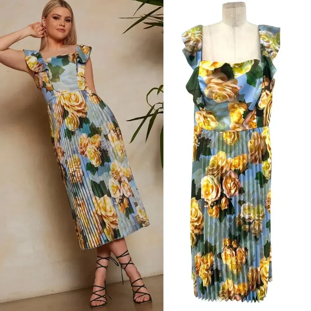 Chi Chi London Floral Print Ruffle Pleated Midi‎ Dress in Blue Curve US 16 - Image 2
