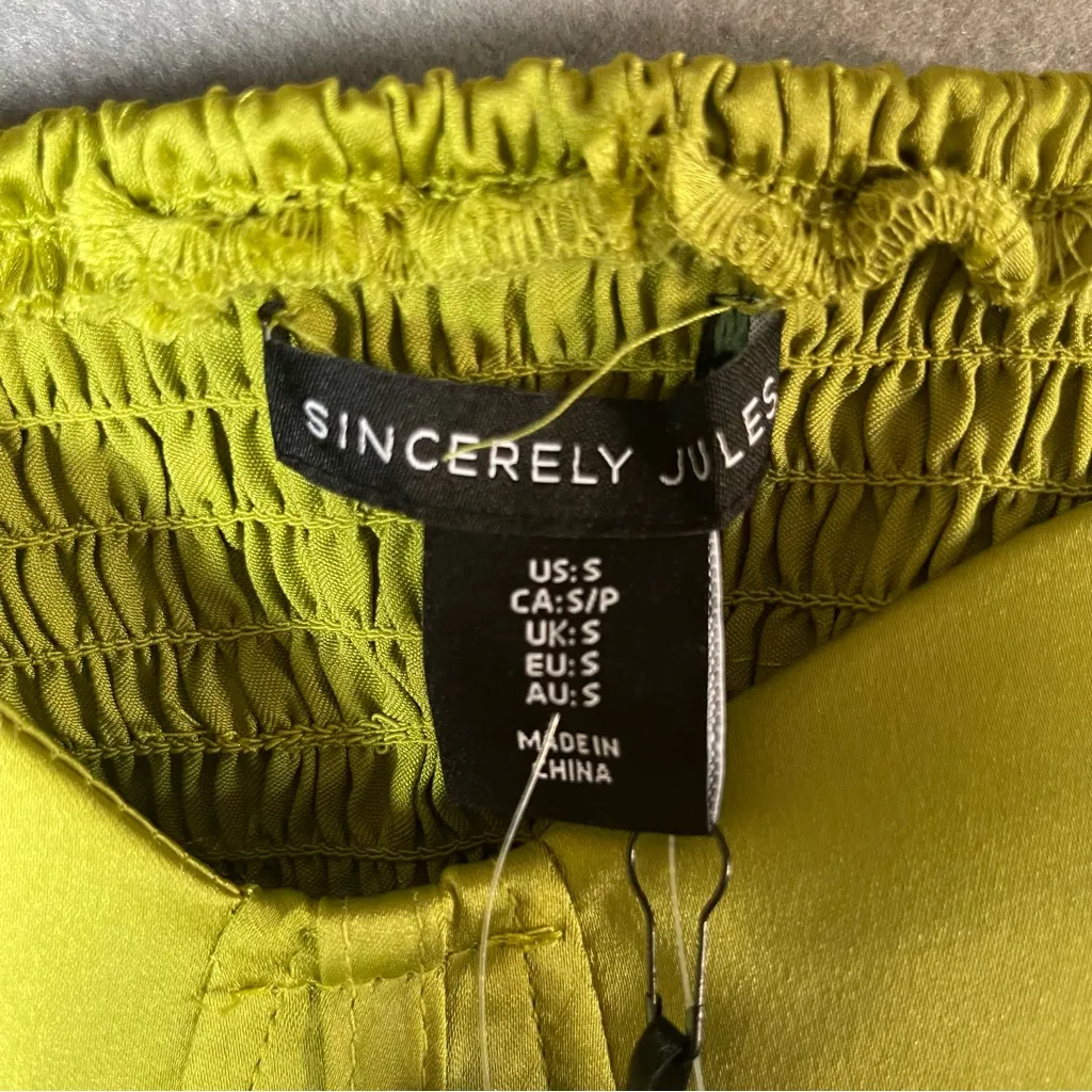 NWT Sincerely Jules Chartreuse Green Satin Corset Smocked Back Crop Top S Y2K - Image 3