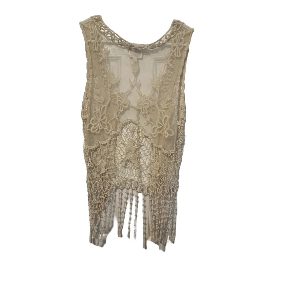 Sleeveless Boho Lace Duster Vest Bohemian Hippie Flower Child Cream Large - Image 2