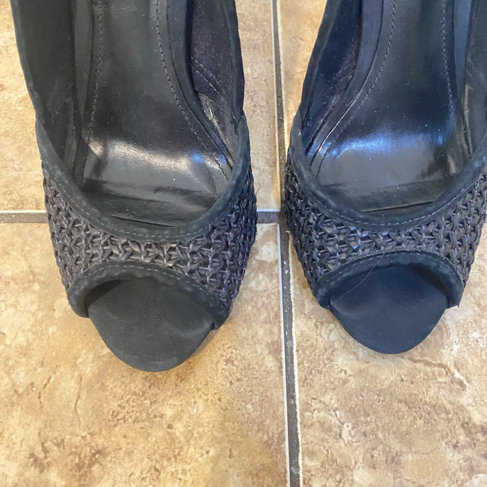 Schutz  Black Leather Suede Woven Peep Toe Stiletto Heels Pumps Size 6 - Image 6