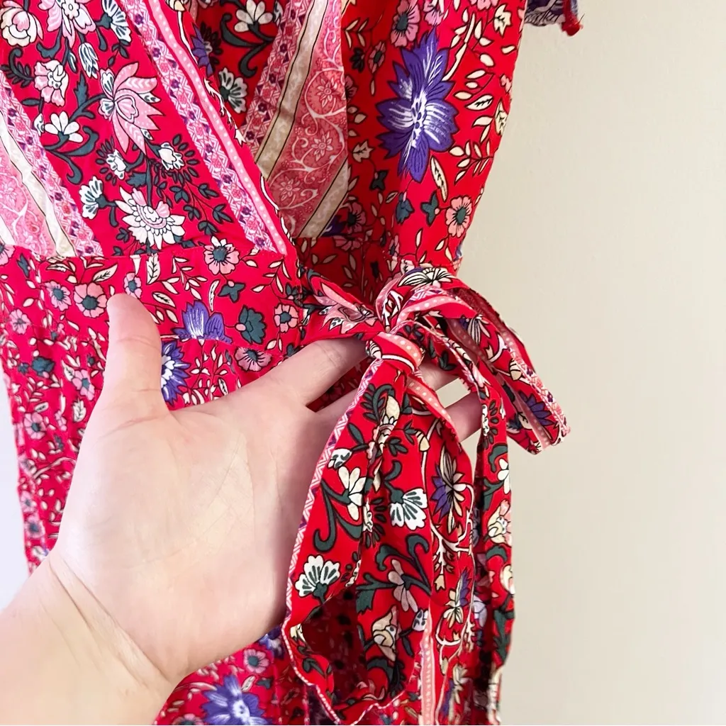 Halcyeen Red Floral Wrap Dress Midi Unlined Size XL NEW V - Image 4