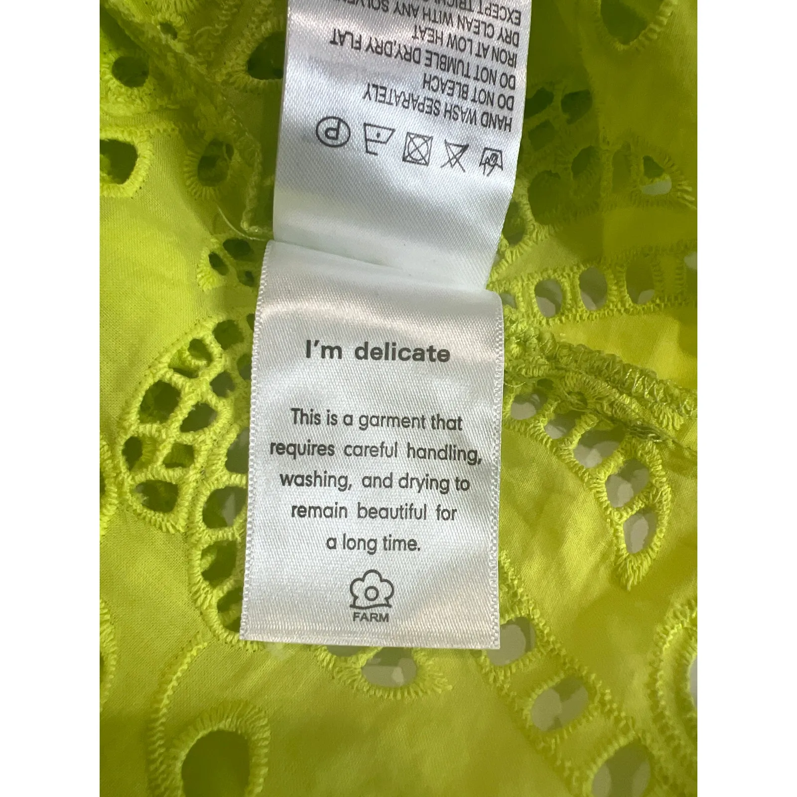 Farm Rio Lime Green Richilier Blouse Women's Size S Palm Tree Eyelet Ruffle $185 - Image 8