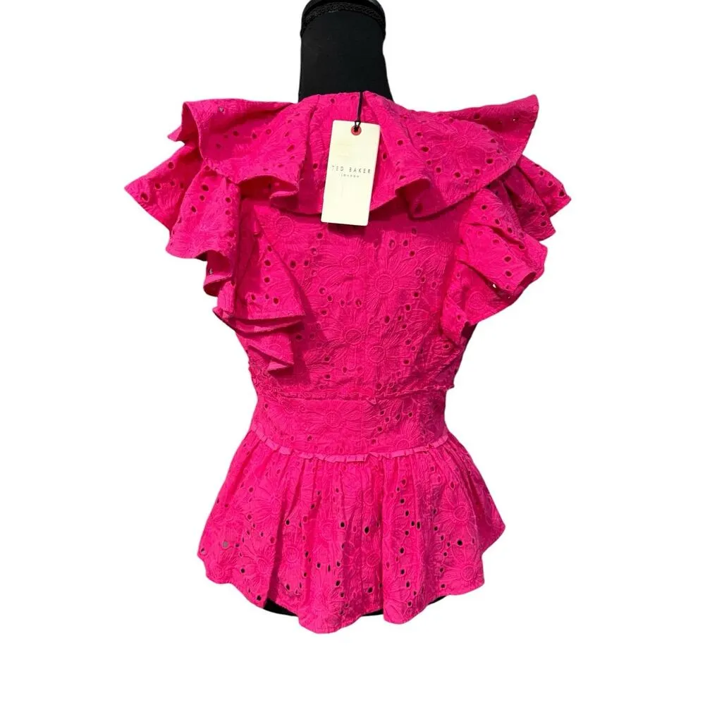 NWT! Ted Baker Mazieh Broderie Peplum Top in Bright Pink - Size 2  (US Size 6) - Image 7