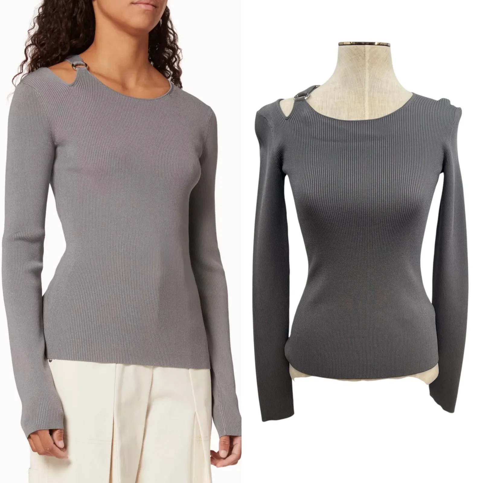 Helmut Lang Ring Shoulder Knit Top Sweater Cut Out Gray Silver Size XS - Image 2