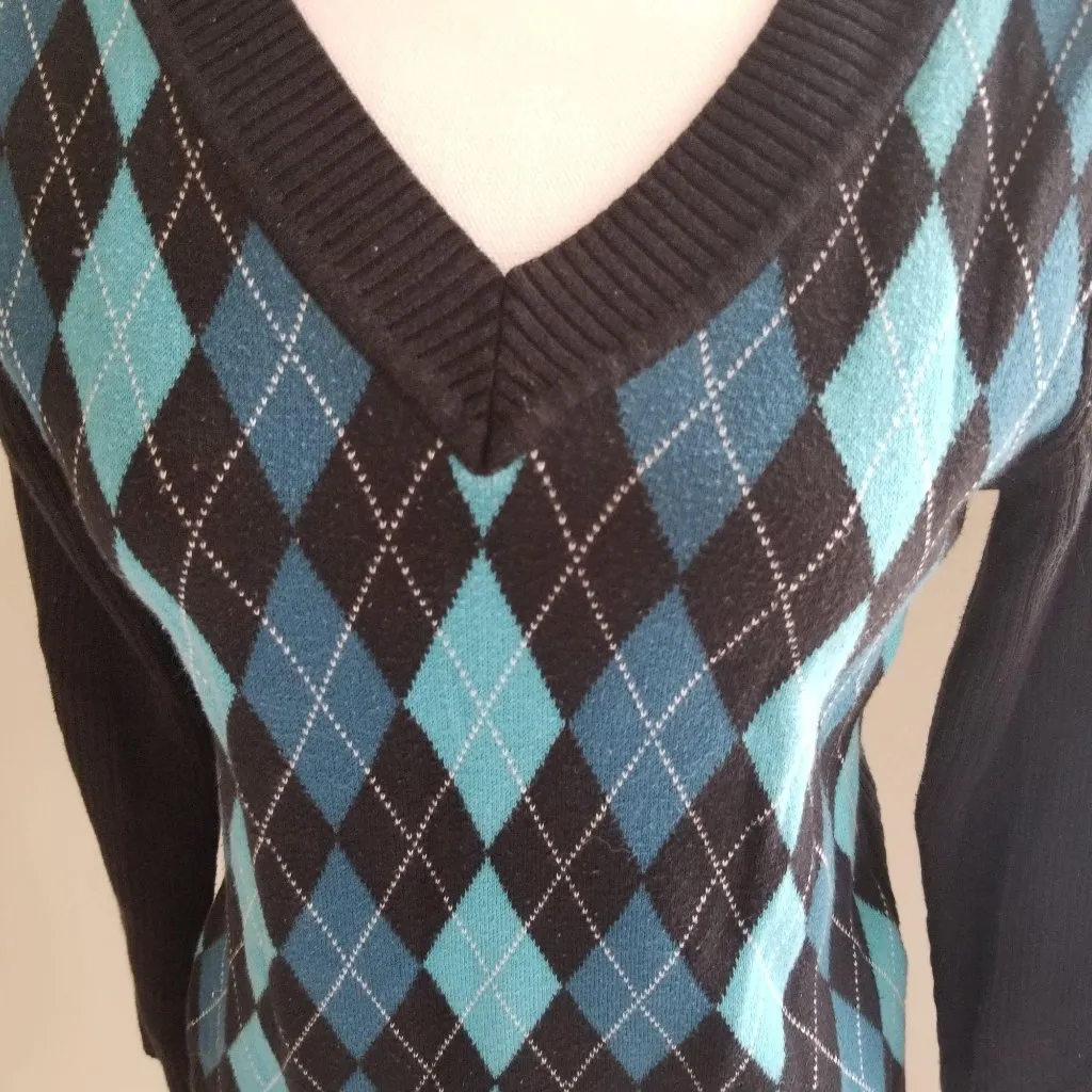 Worthington Womens Black & Blue Argyle V-Neck Sweater Size M 55% Acrylic 45% Cot - Image 2