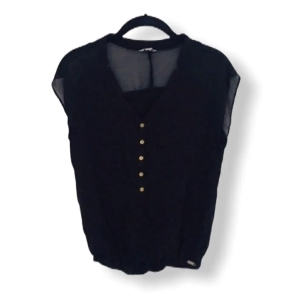 Guess Black Semi-Sheer Cap Sleeve Button Front Blouse – XS - Image 3