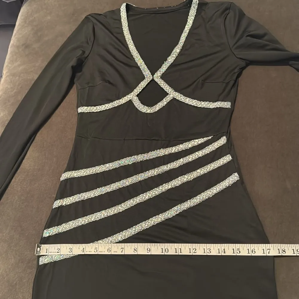Black Long Sleeve BodyCon Club Party Event Dress Silver Detail Size L NEW Size L - Image 8